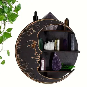 Wooden Crescent Bohemian Wall Crystal Stand Storage Box, Wooden Display Rack Moon Phase Crystal Decoration, Home Decor Room, Wall Mounted Shelf