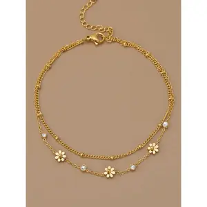 Gold Daisy Layered Design Anklet for Women, Stainless Steel Double Chain Ankle Bracelet with Cubic Zirconia, Adjustable Fit Flower Foot Jewelry for Summer Beach men cuban link tarnish proof Heart Rate Couples Set