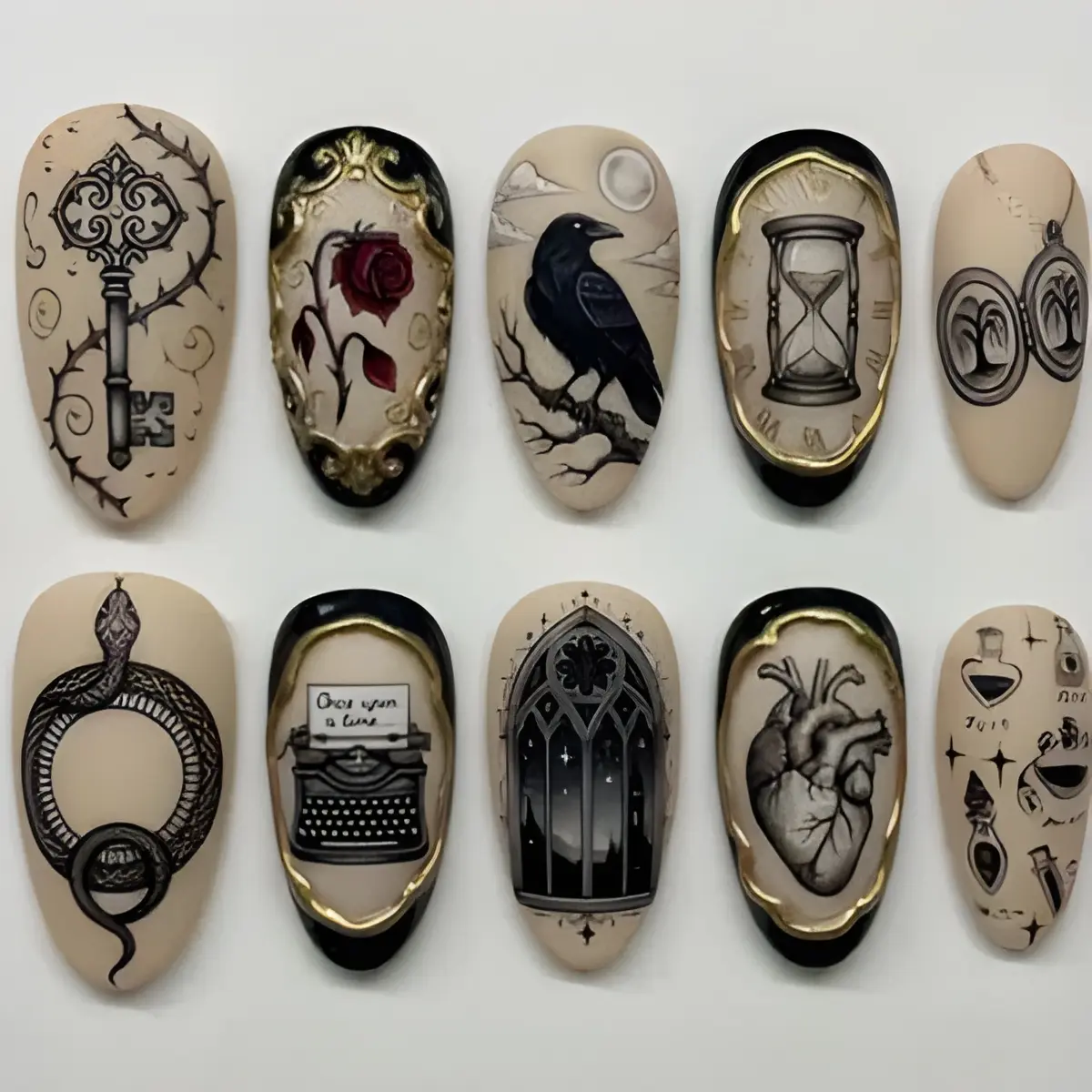 Handmade Gothic Press On Nails | 3D Raven Rose Nails | Dark Academia Raven Heart Alchemy Typewriter Glue On Nails | Witchy Mystery Gift for Her
