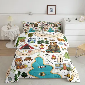 Camping Adventure Bedding Set,Kids Boys Girls Cartoon Animal Tent Mountain Tree Comforter Set,Ultra Soft Camping Bonfire Outdoor Activities Comforter,Art Printed Duvet Quilt,Quilt