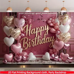 Birthday Balloon Party Backdrop Banner - Pink and Gold Heart-Shaped Balloon Decorations, Polyester Fabric, Suitable for Birthday Parties, Photo Props, Rooms, Terraces, Studios, Home and Garden Celebrations, Birthday Party Decorations