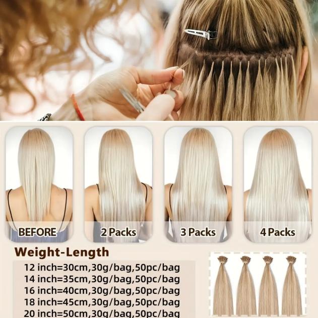 Luxurious Blonde I-Tip Human Hair Extensions 12-28 Inch 50pcs 30g/Pack 100% Remy Silky Straight Invisible Keratin Pre-Bonded No Tangle No Shedding Soft Natural Look For Daily Party Salon Use