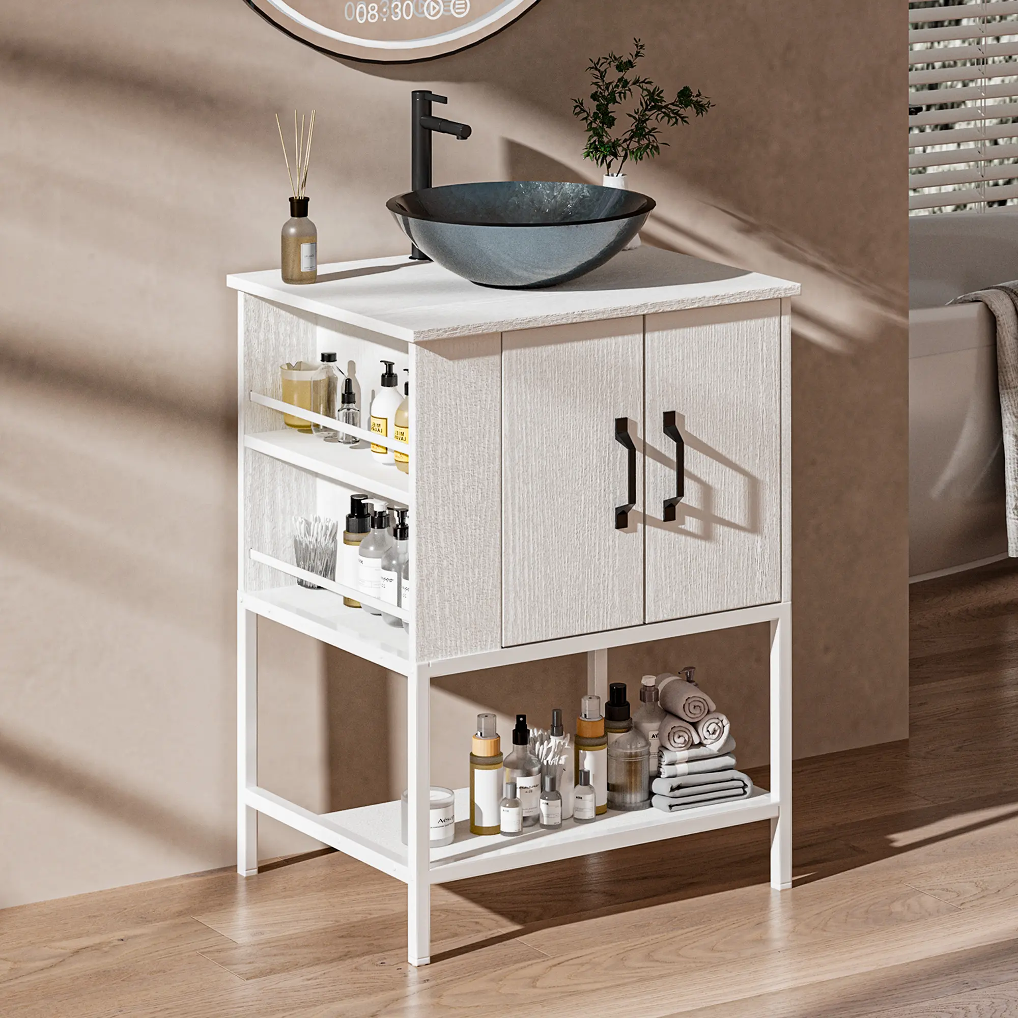 VNN Small Bathroom Vanity with Sink - 24 Inch Vanity with Sink, Freestanding Cabinet with Open Shelf, Modern Iron Wood Bathroom Cabinet with Countertop Tempered Glass Vessel, White