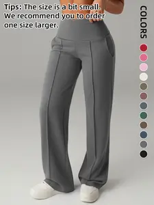 Women's Four-Season Plain Loose Straight Leg Pants, Wide Leg Mid-Waist Sporty Casual Pants with Pockets, Soft Comfortable Daily Wear