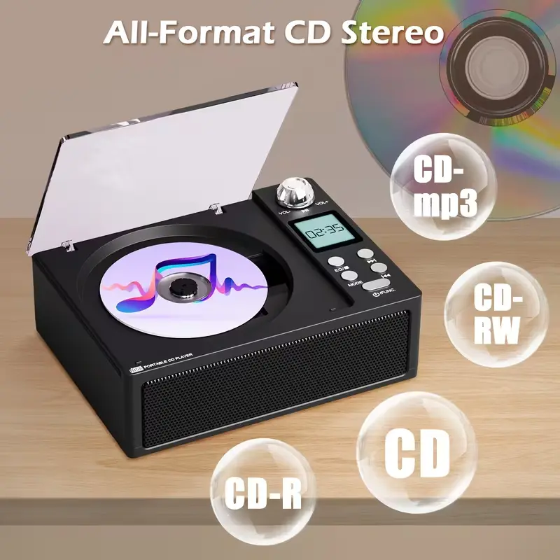 M-AMAZUP Compact All-in-1 Portable Optical CD Player with Hi-Fi Sound, Rechargeable Battery, FM Tuner, LCD Display, Wireless Bluetooth, Remote Control, USB-Aux Input, Card Slot, Father’s Day Gift