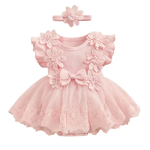 Baby Girl 2 Piece Outfits Mesh Lace Patchwork Ruffle Romper Dress and Headband Cute Fashion Summer Clothes