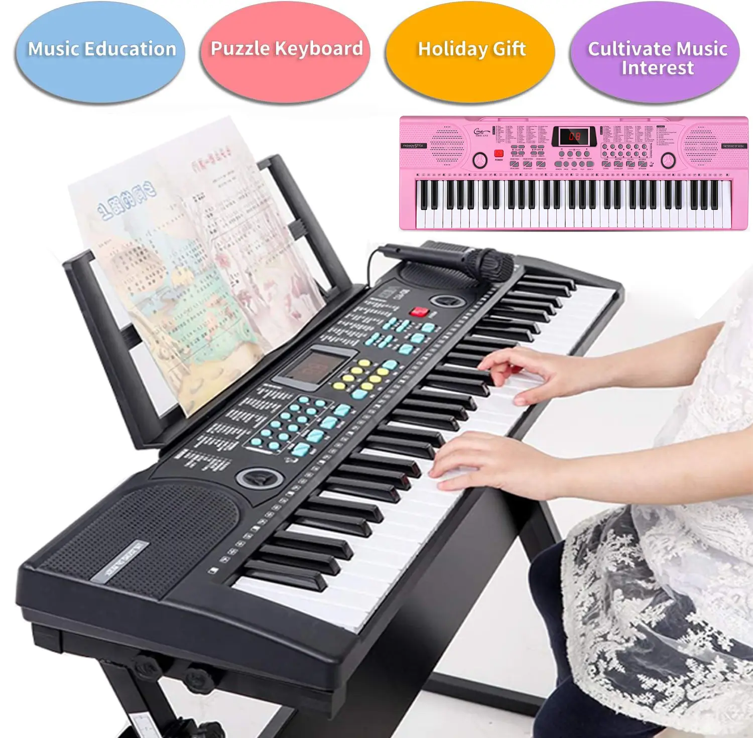 Kids Piano Keyboard, 61 Keys Beginner Electronic Keyboard Portable Digital Music Keyboard, Early Education Music Instrument & Microphone & Music Sheet Stand