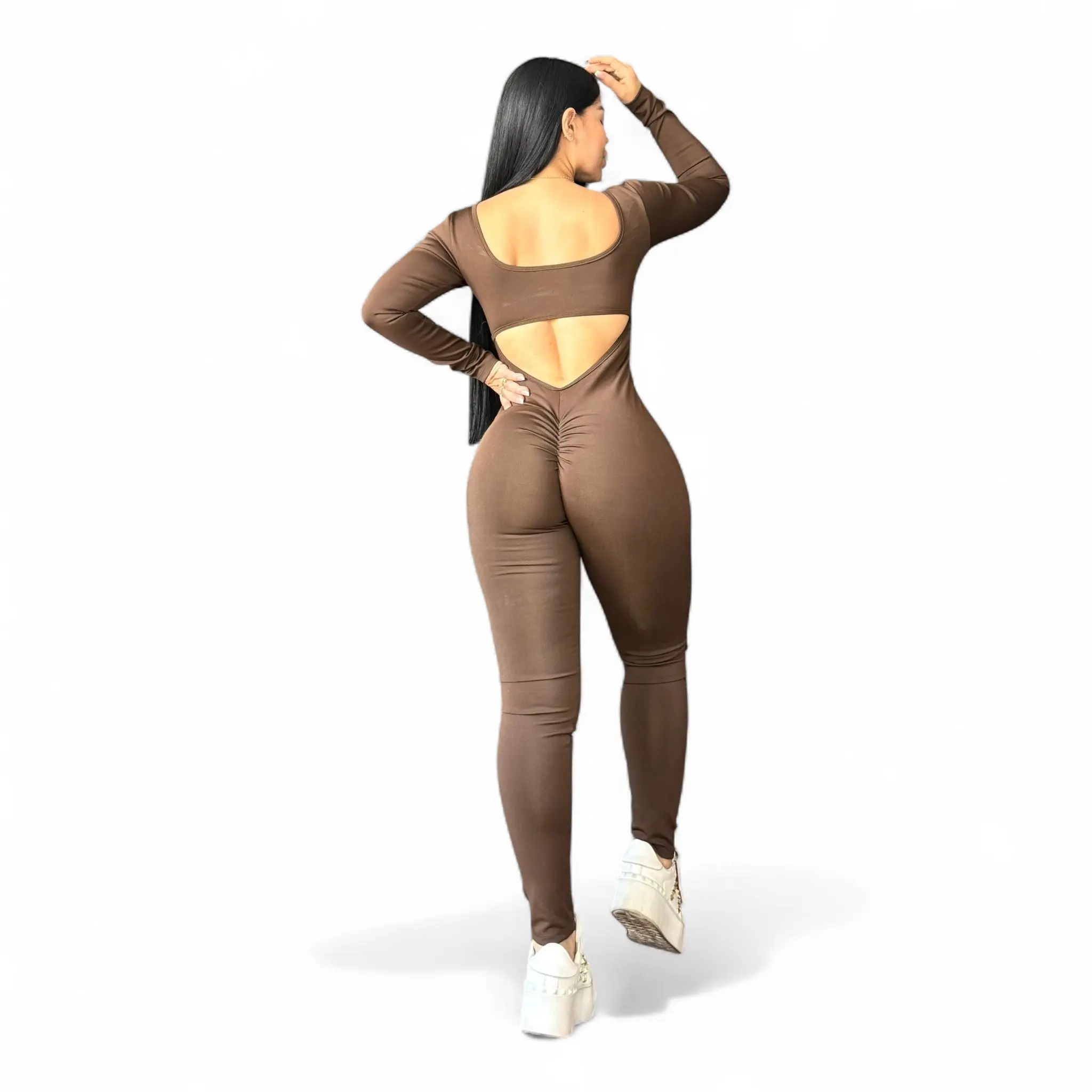 Women's Original Long-Sleeve Push-Up Overalls Jumpsuit Set - Soft, Elegant, Breathable Brown Suplex Fabric, Casual Lady Clothes