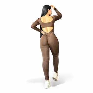 Women's Original Long-Sleeve Push-Up Overalls Jumpsuit - Soft, Elegant, Breathable Brown Suplex Fabric, Casual Clothes