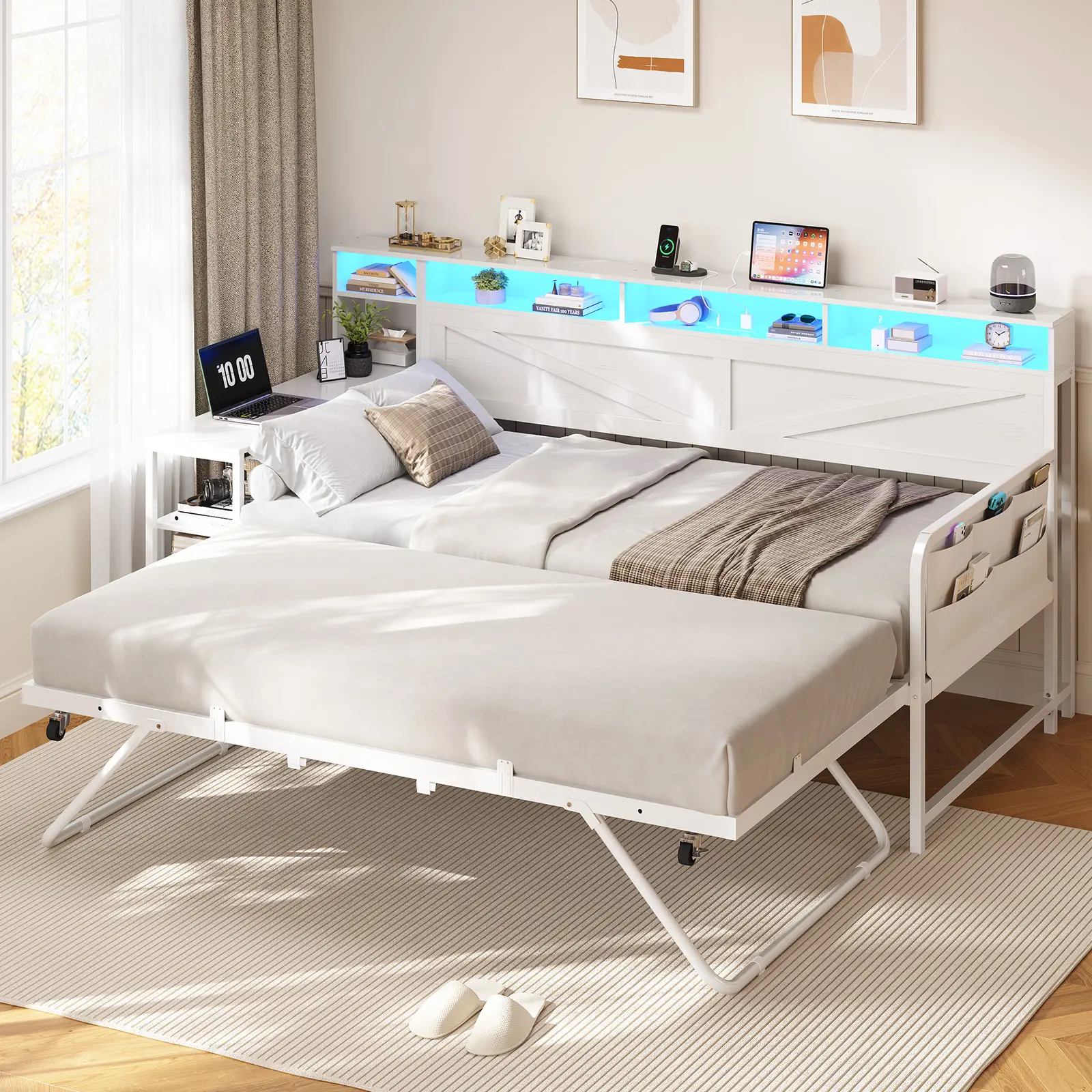 AOGLLATI Farmhouse Corner Daybed Bedframe with Pop-Up Trundle, 3 Storage Drawers, Charging Station, LED Lights, Lift-Up Storage Bed Frame Headboards, Bedframe With Storage Drawers