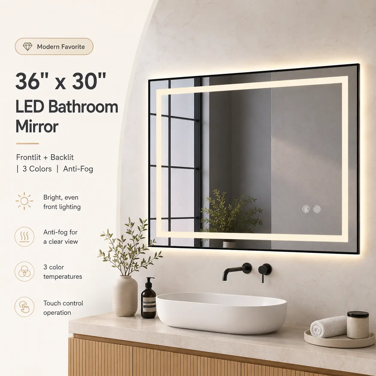 36" W x 30" H Rectangle LED Bathroom Wall Mirror, 110-120V Frontlit & Backlit Anti-Fog Adjustable Smart Vanity Mirror, 3 Color Dimmable Shatter-Proof Black Frame