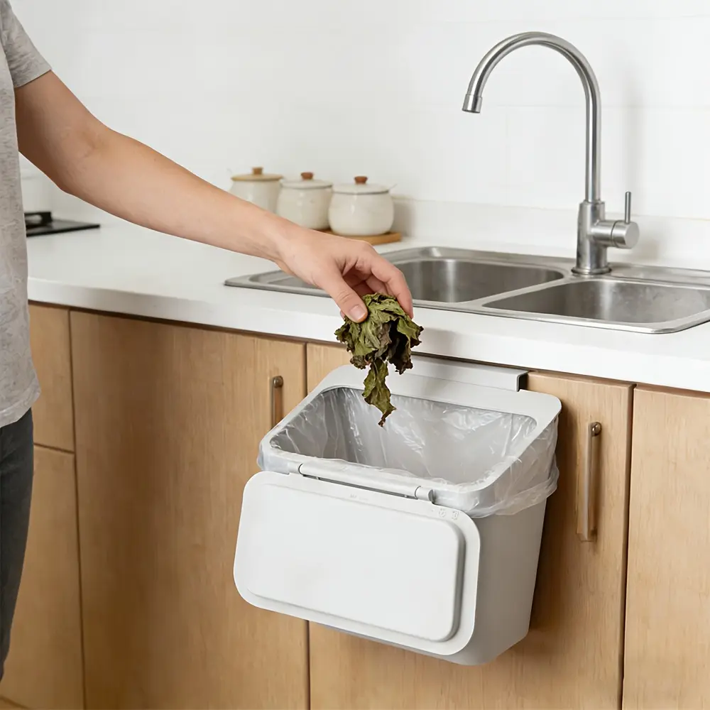 1pc Plastic Wall-Mounted Flip-Top Trash Can - PP Material, Cabinet Door Hanging Structure, Odor-Blocking, Easy-Clean Waste Bin for Kitchen, Bathroom