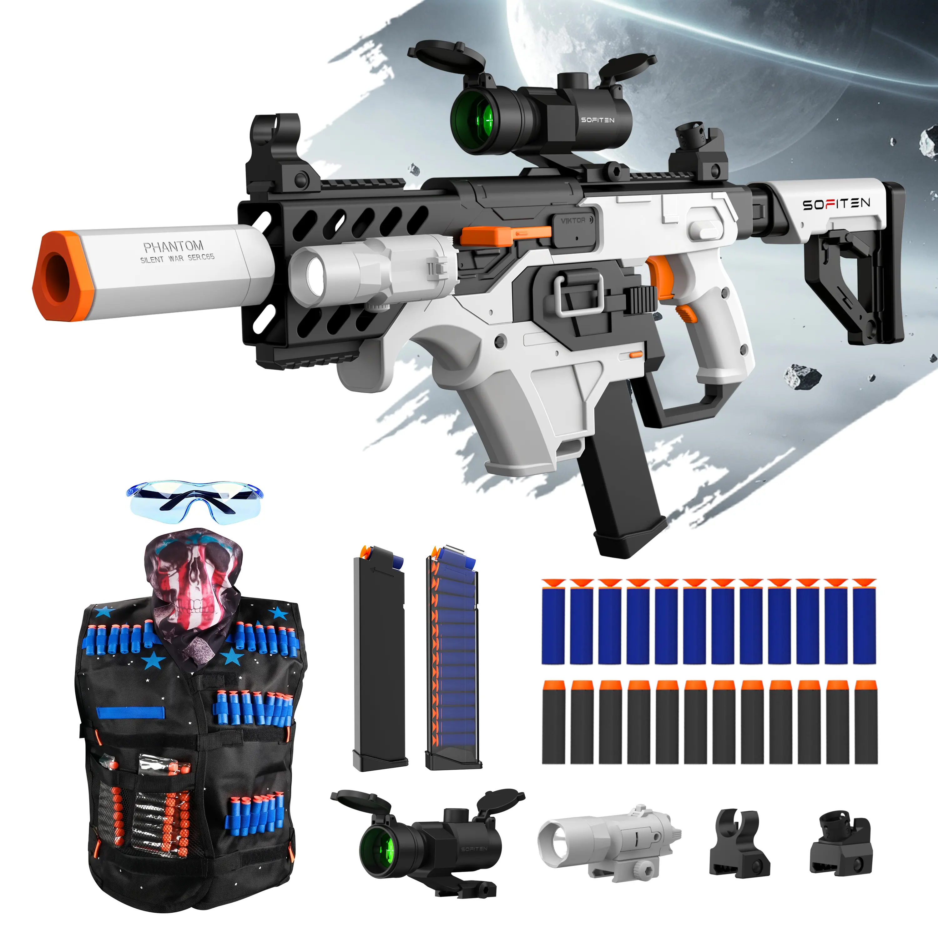 SOFITEN VIKTOR - Automatic Sniper Rifle Toy Gun Set, Electric Foam Dart Blaster with Tactical Vest Kit, Scope, IR & Flashlight & 120 Darts,Batteries Included, Backyard Adventure Birthday Christmas Gift Toy for Kids Ages 8+