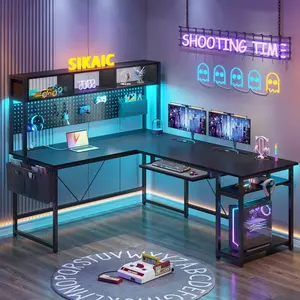 Sikaic L Shaped Reversible Gaming Desk With Power Outlets Keyboard Tray Ergonomic Modern Furniture Adjustable Dual Monitor Mount Ample Storage Space Hutch