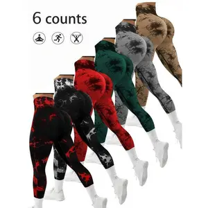 6 pcs Women's Tie Dye Pattern Ruched High Waist Sports Leggings, Casual Sporty Comfy Breathable  High Stretch Skinny Pants for Yoga Gym Workout Running, Ladies Sportswear for All Seasons, Tummy Control