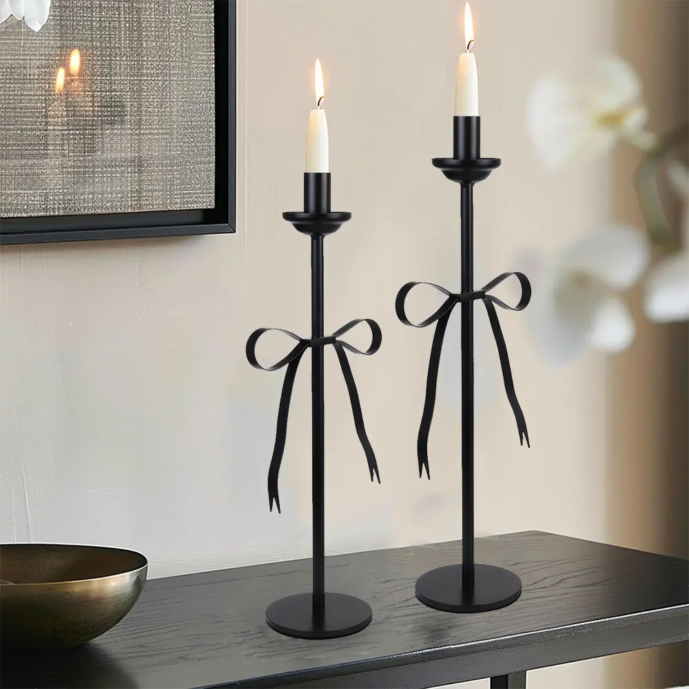 2pcs Artisan Crafted Elegant Design Black Bow Taper Candle Holders - Home Decor, Interior Decor, Gift for Weddings, Housewarmings, Handcrafted Quality Ornaments