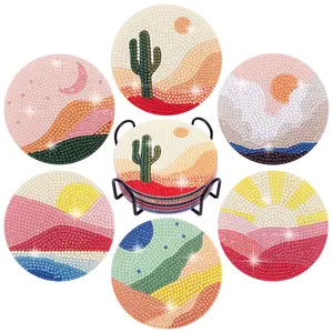 6 Pcs Diamond Painting Coasters Kit with Holder Abstract Landscape Art for Beginners Adults DIY Craft Supplies High-Quality Acrylic Cork Bottom Colorful Rhinestones Clay Glue Pen Tear Off Film Easy Operation Tableware Gift - Tray