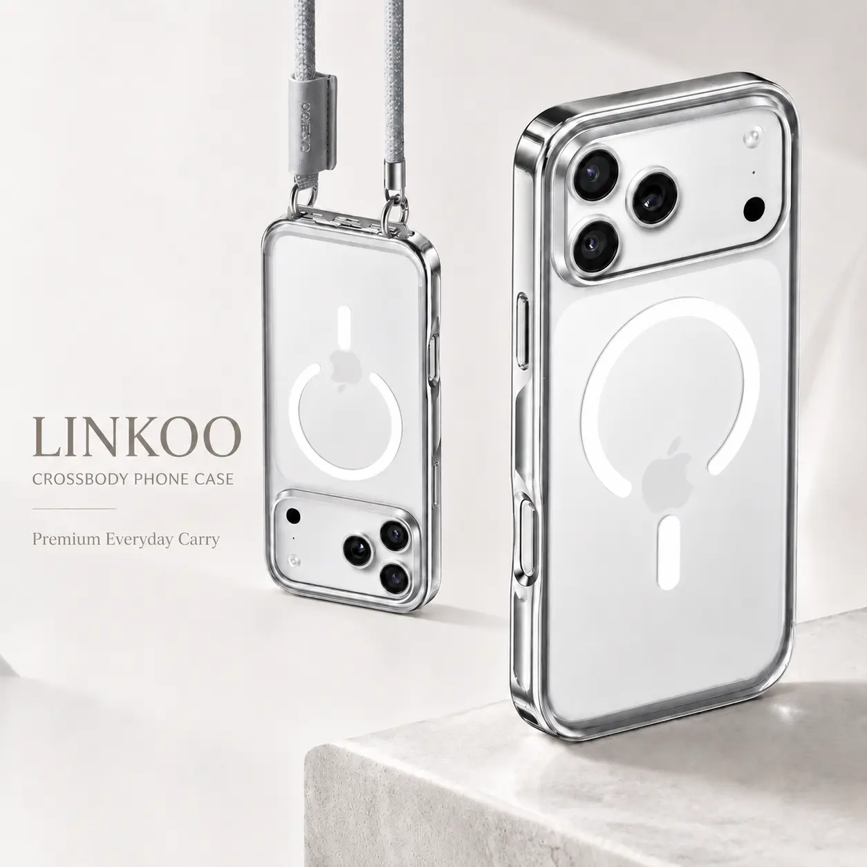 CASEKOO Glossy Magnetic Linkoo Case with Strap 2026 New iPhone 17/16 Pro Max Case, Patented ClipSafe: Built-in Foldable Hidden Tab, Anti Theft Strap, Summervibes, Aluminum Alloy Lens Protection, Clear Back Case, Silver Frame, Orange summerwins