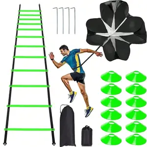Professional speed and agility training kit - includes a 12 level 20 foot adjustable agility ladder with a carrying bag, 12 circular cones, 4 steel stakes, 1 resistance parachute, and equipment to improve foot movements during any movementRAIMENTRY