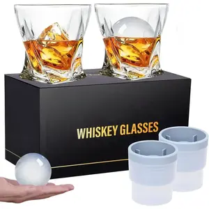 Old Fashioned Whiskey Glasses Set of 4 (2 Crystal Bourbon Glasses, 2 Round Big Ice Ball Molds 11 Oz Rocks Glass with Gift Box, Barware for Scotch Cocktail Rum Vodka Liquor, Gifts for Men Drinkware