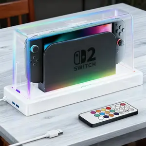 Transparent Dustproof Display Box Cover for Nintendo Switch2 Charging Base, Compatible with Assembly Shell, 16 Color LED Light Base, Protection