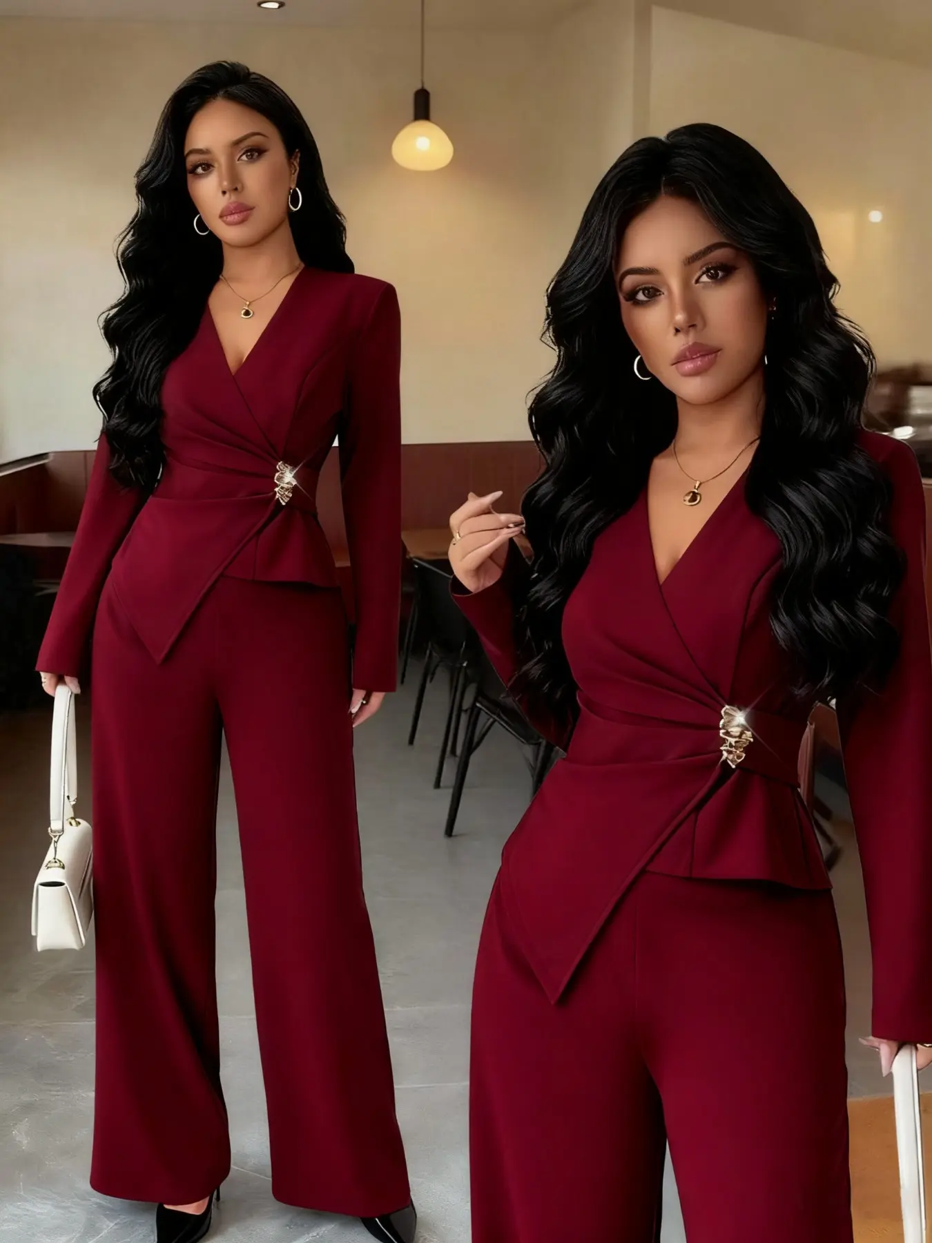 Women's Elegant Chic Suit Set, Clothing Sets, Womenswear, V Neck Waist Cinching Design, Long Sleeve, Spring Fashion, Suitable for Office and Outdoor Wear Nk-0004-509044 Elegance