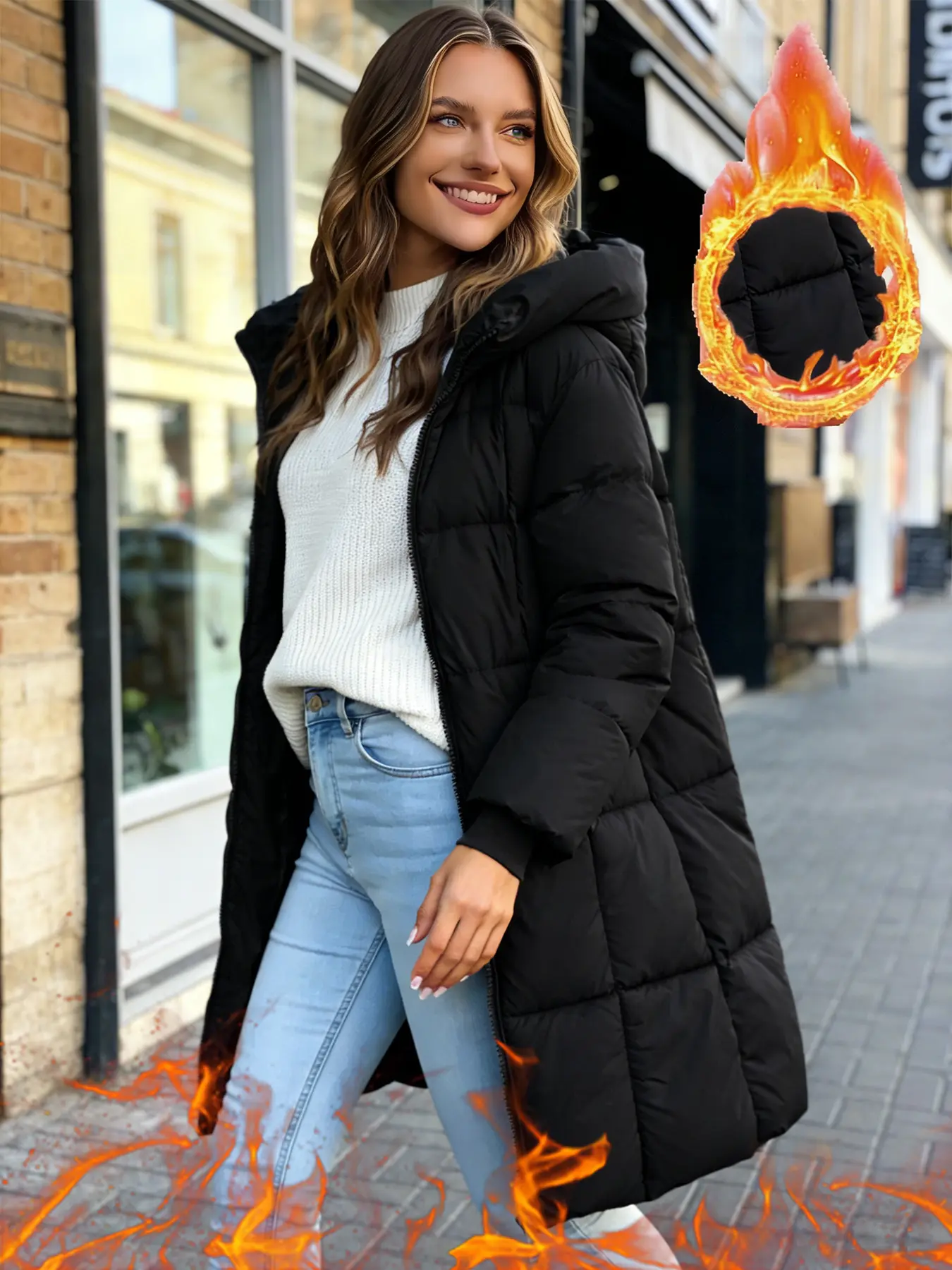 Lady's Slim-Fitting Classic Solid Color Puffer Coat - Thick Hooded Long-Sleeve Full Sleeve Cover Zipper Mid-Length Cotton-Padded Basic Winter Outerwear, Normal Type Elegant Tops, Solid Color Jackets, Women's, Slim Warm Fit