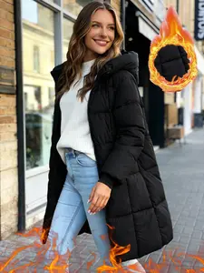 Women's Thick, Warm, Slim Fit Puffer Jacket for Winter, Zipper Style, Solid Color, Casual, Versatile, Slimming, Warm and Cotton-padded Coat, Mid-length, Long Sleeve, Hooded, Elegant Cotton-padded Outerwear