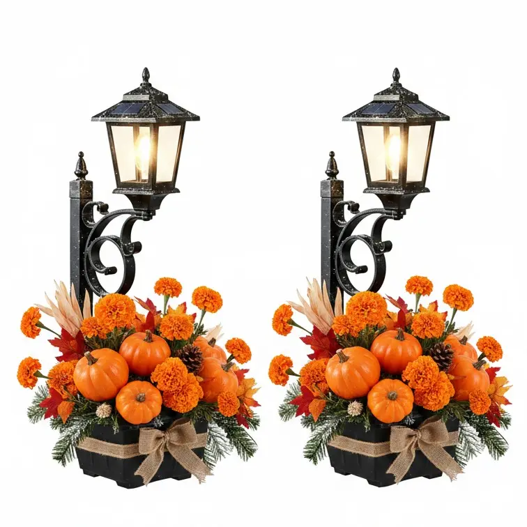 HOODINK 2 Pcs Solar Post Lamp with Planter - Solar Outdoor Lights, Auto Off 2-in-1 Black Light for Outdoor Porch, Front Door Halloween Decor, Patio Roadside Home Improvement Lighting