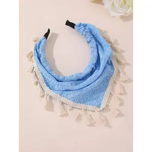 1pc Women Boho Style Blue Hollow Triangle Scarf Print Headband With Tassel, Suitable For Vacation, Everyday Wear In Spring/Summer Hairband Diadema Hair Hoop