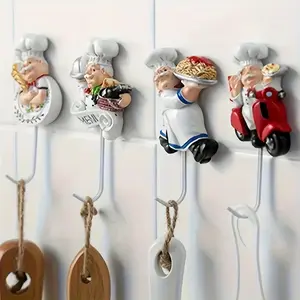 4pcs Chef Doll Wall Decoration Hook, Fat Chef Kitchen Decor, Resin Wall Hook, Sticky Hook, Self Adhesive Hooks for Home, Garden, Garage Organization