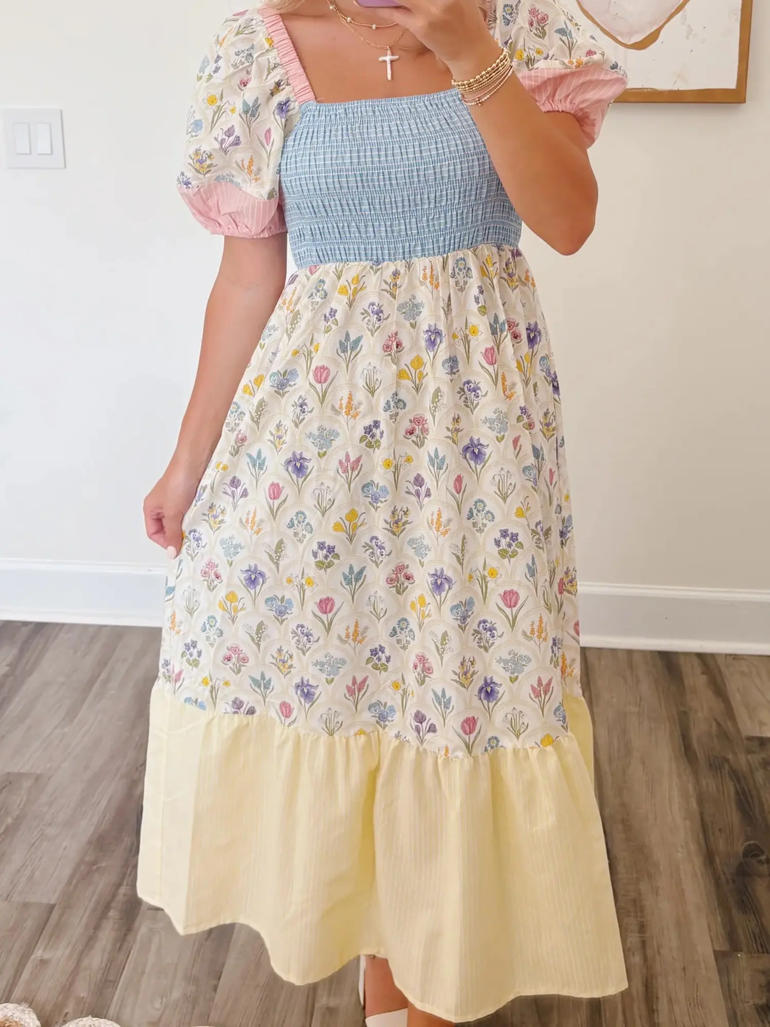 Floral Print Striped Color Block Patchwork Square Neck Shirred Long Dress,  Perfect for Both Easter Gatherings and Casual Spring Outings.