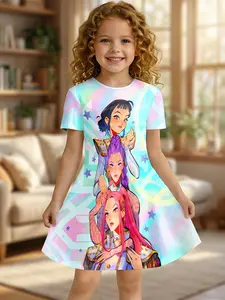 Summer Breathable Girls' Dress Cartoon Anime Print Short Sleeve, Casual Knee Length One-Piece, Fitted Asymmetrical Design