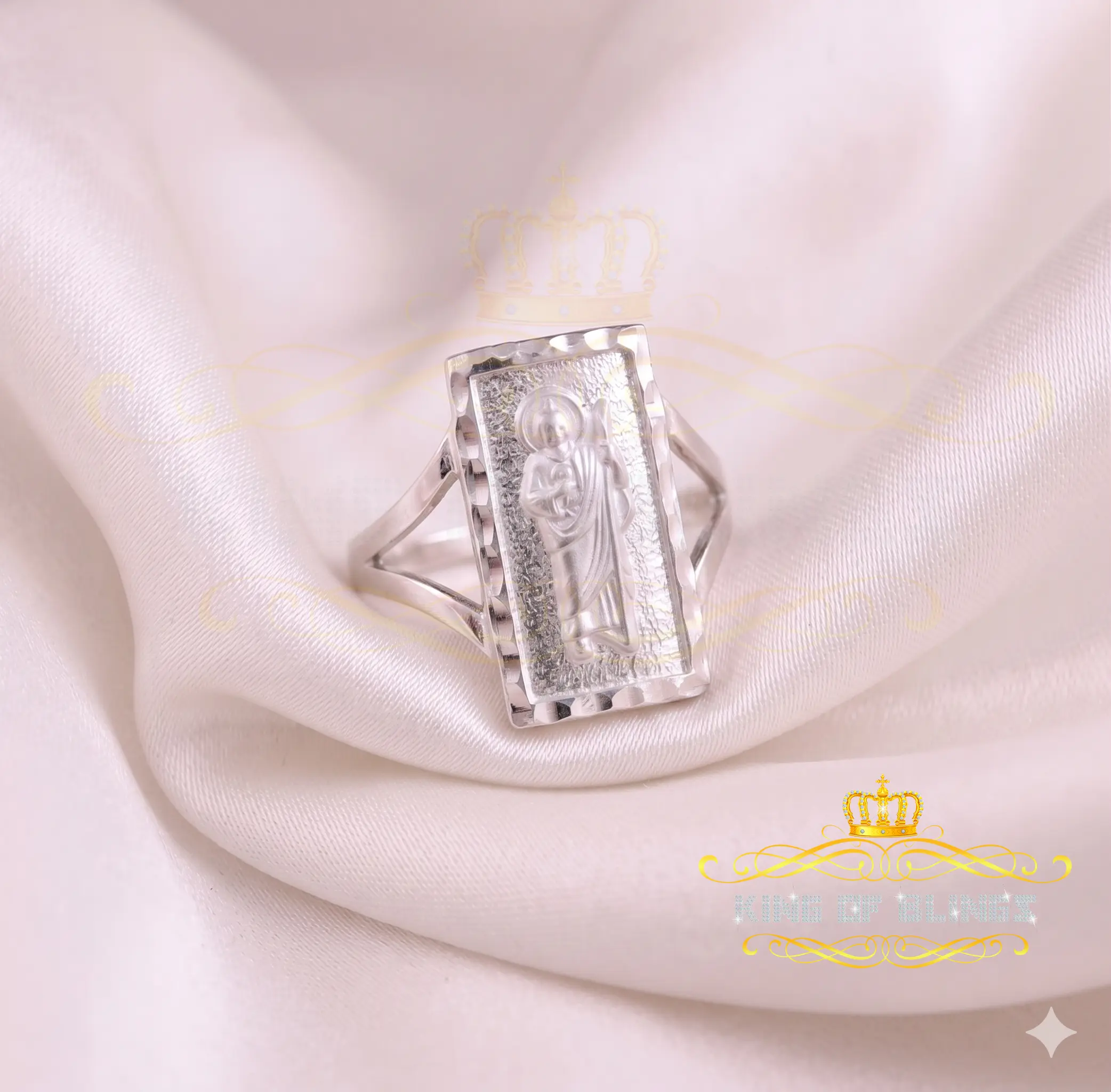 KING OF BLINGSCatholic White 925 Sterling Silver St Jude Fancy Women's Religious  Ring SZ 7.5