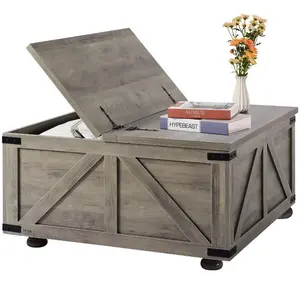 VEVOR 36 Farmhouse Coffee Table, Hinged Square Coffee Table with Large Storage Compartment, Wooden Rustic Cocktail Table for Living Room, Bedroom, Apartment, Studio, Beige