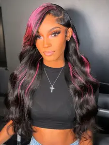 Hot Pink Highlights Synthetic Lace Front Wig,Black and Pink Long Wavy Texture Wig, 13x4 Deep Part Lace Front Wig Pre-Plucked Natural Hairline,Ombre Pink Heat Resistant Fiber For Daily Party Use (28 Inch)