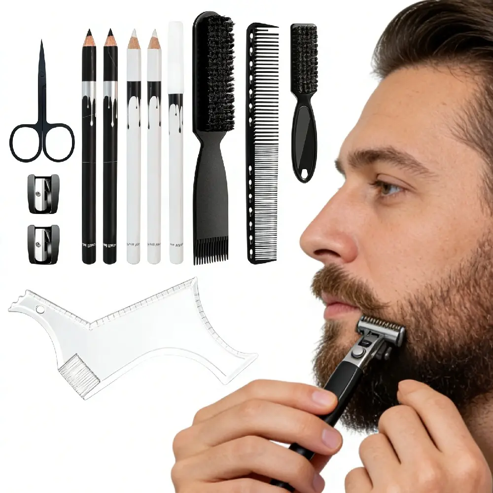 13Pcs Beard Shaper Tool Kit for Men Grooming, White Black Barber Pencil for Lineup Edging with Sharpener, Hairline Beard Guide Shaping Barber Comb Clipper Cleaning Brushes Hair Combs Set