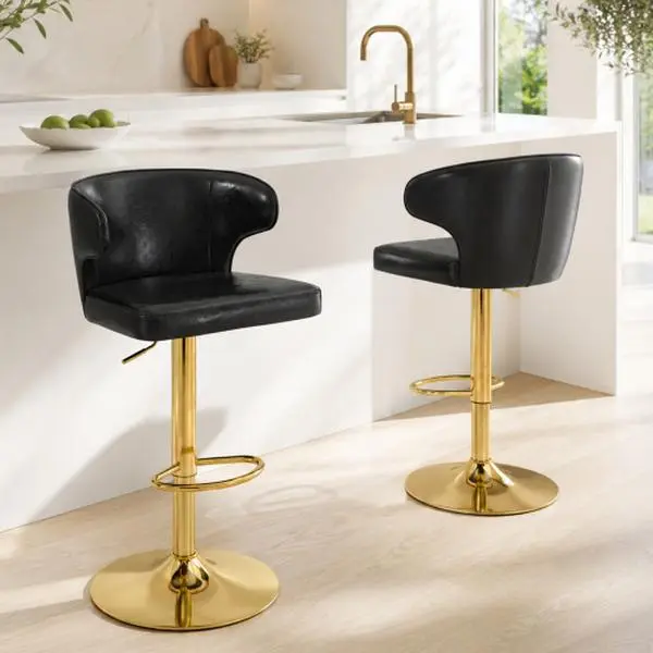 Black+Gold Adjustable 360° Swivel Bar Stools Set of 2, PU Leather Kitchen Island Stools with Backrest & Footrest, Sturdy Metal Frame & 17.7" Stable Base, Adjustable Barstools, 360° Swivel Barstools