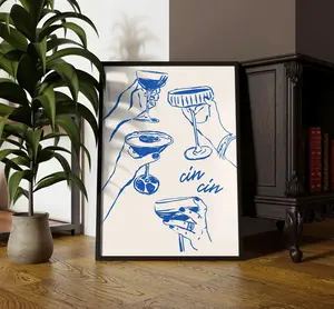 (No Frame) Cheers Printable Cin Cin Poster, Italy Wall Art Trendy Wall Art, Cocktail Poster Retro Wine, Bar Cart Print Blue Doodle Art