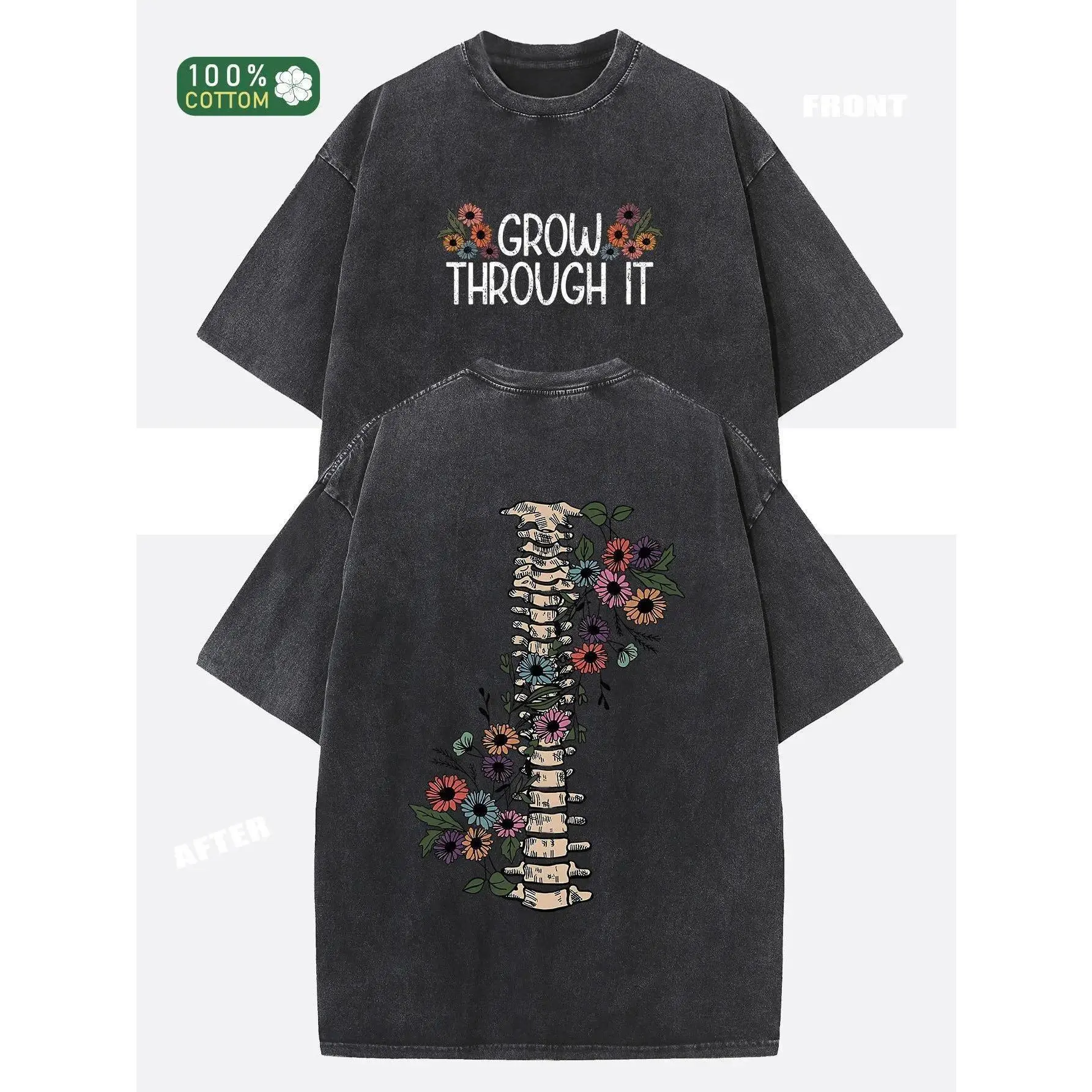 Menswear Streetwear 230g Washed Cotton Unisex Round Neck Shortsleeve T-Shirt - Dual-Sided "GROW THROUGH IT" & Floral Print, 90s Retro Vintage Loose Fit Boyfriend Tee for Spring Summer Casual Wear, Tshirt, 90S Graphic Tees