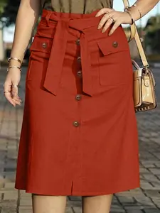 Women's High-Waisted Slim Fitted Knee-Length Belted Button Pockets Skirt, Plain Design Casual Workwear, All-Season Fashionable Office Wear Womenswear