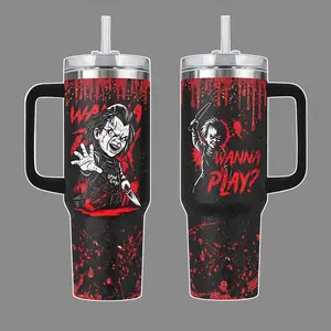 Chucky Horror Movie “Wanna Play” Bloody Drip Stainless Steel Tumbler 20oz & 40oz with Handle  Christmas Fan Gift Edition