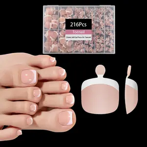 216pcs French Tip Press on Toenails Short Square， Skin Toe Press On, Pre-Designed Soft Gel Toe Tips, Soak off Acrylic Fake Toe Extensions 12 Sizes