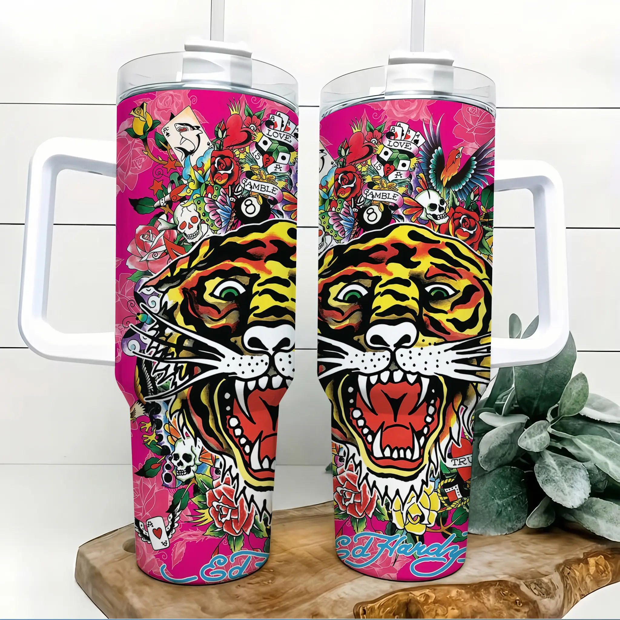 Ed Hardy Inspired 40oz Insulated Tumbler with Handle and Straw Tattoo Tiger Rose Skull Y2K Streetwear Stainless Steel Water Bottle Travel Mug Birthday Gift for Women Men Tattoo Fans