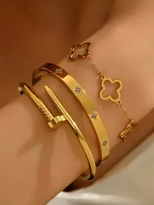 3pcs 18k Bangle Set, Trendy Nail & Clover Design, Fade-Resistant, Waterproof, Perfect for Daily Stacking, Luxury Accessory