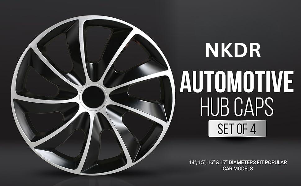 Universal Wheel Covers Set of 4, Snap-On Hubcaps for Steel Rims, Car Wheel Rim Covers Black and Silver