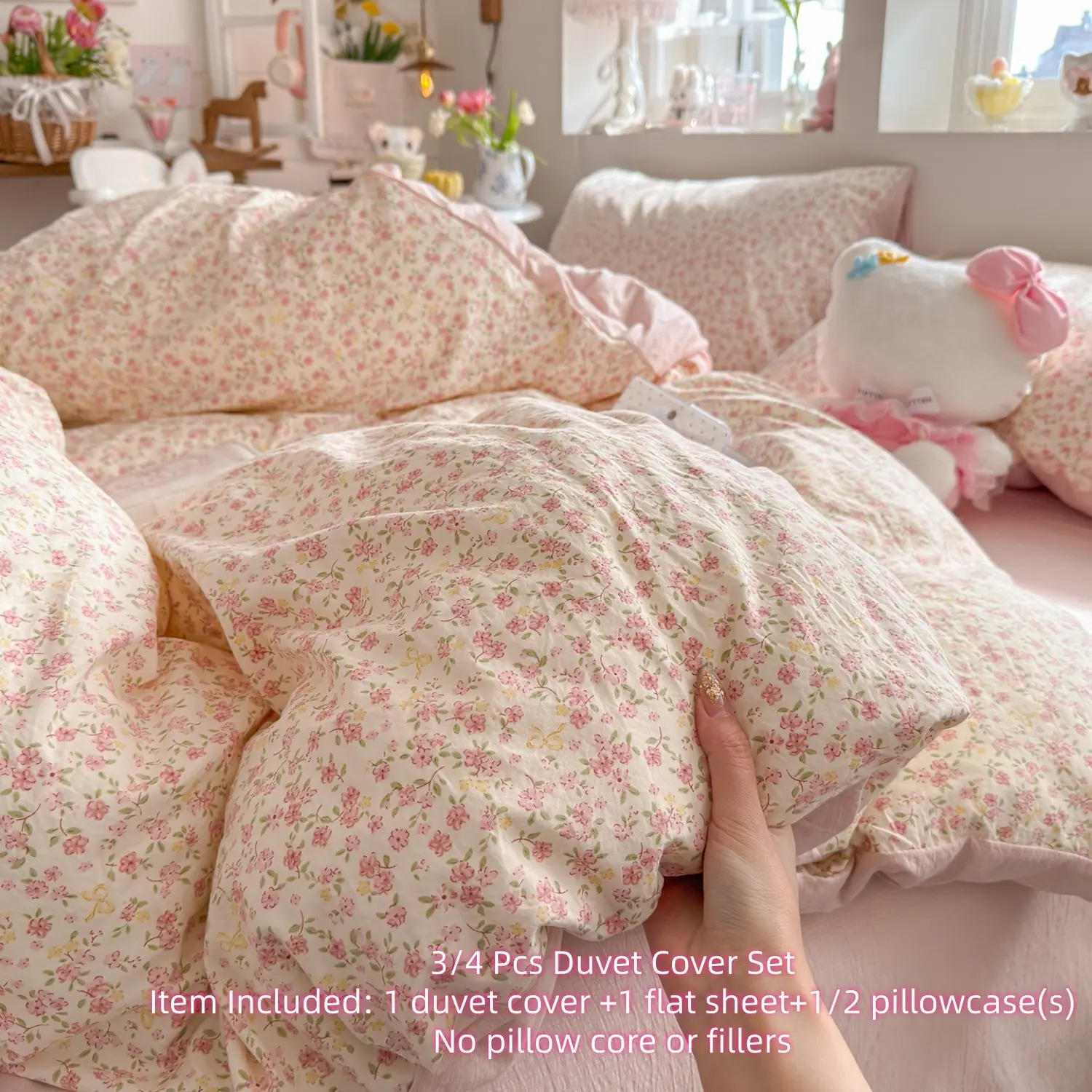 Pink Floral Duvet Cover Set for Girls Women, Comfy Bedding Sets, Cottagecore Bedding Set Peach Floral Comforter Cover with Zipper Closure, Vintage Country Bedding, Soft Bedding Comforter Cover Set, Bed Covers, 1 Duvet Cover+1 Flat Sheet +1/2 Pillowcases