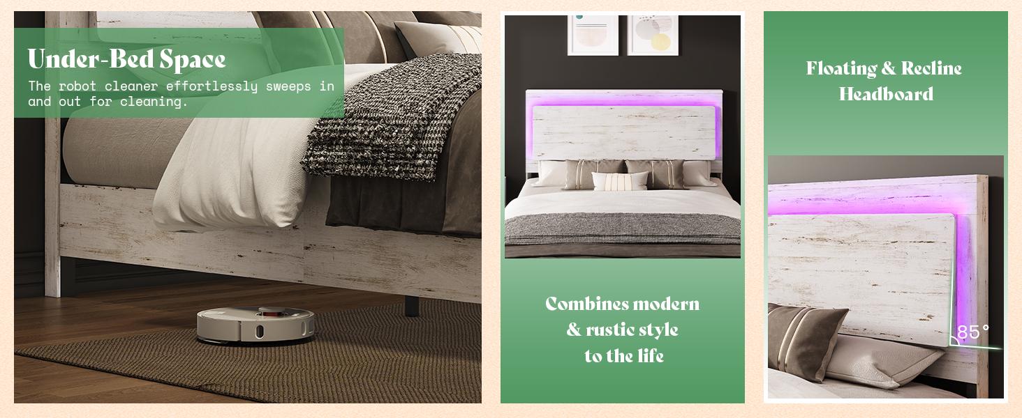 AMERLIFE Farmhouse Floating Bed Frame with Reclined Headboard, Platform Bed with LED Light, No Box Spring Needed/Unique Bedroom Furniture/Best Gift Ideas/Christmas Gifts AMERLIFE Farmhouse Floating Bed Frame with Reclined Headboard, Platform Bed with LED Light, No Box Spring Needed/Unique Bedroom Furniture/Best Gift Ideas/Christmas Gifts