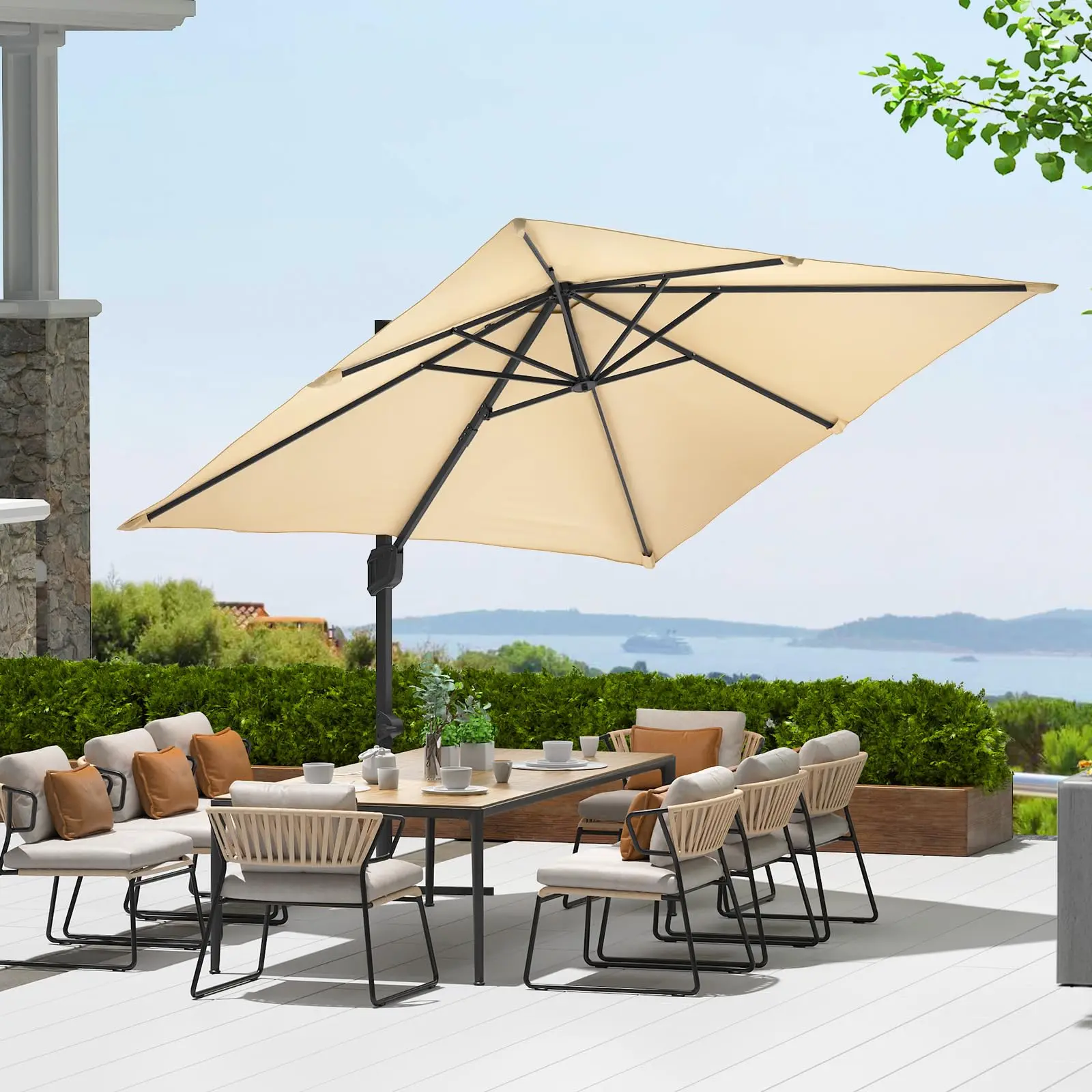 Gaomon 10x10 FT Square Aluminum Frame Canopy Cantilever Umbrella - Solid Casual Sunshade Canopy, Reinforced Base, 360° Rotatable Offset Frame, Easy-Tilting Arm, Large Oxford Fabric, UV Prevention, Crank Lift, Ergonomic Locking Handle for Backyard, Deck
