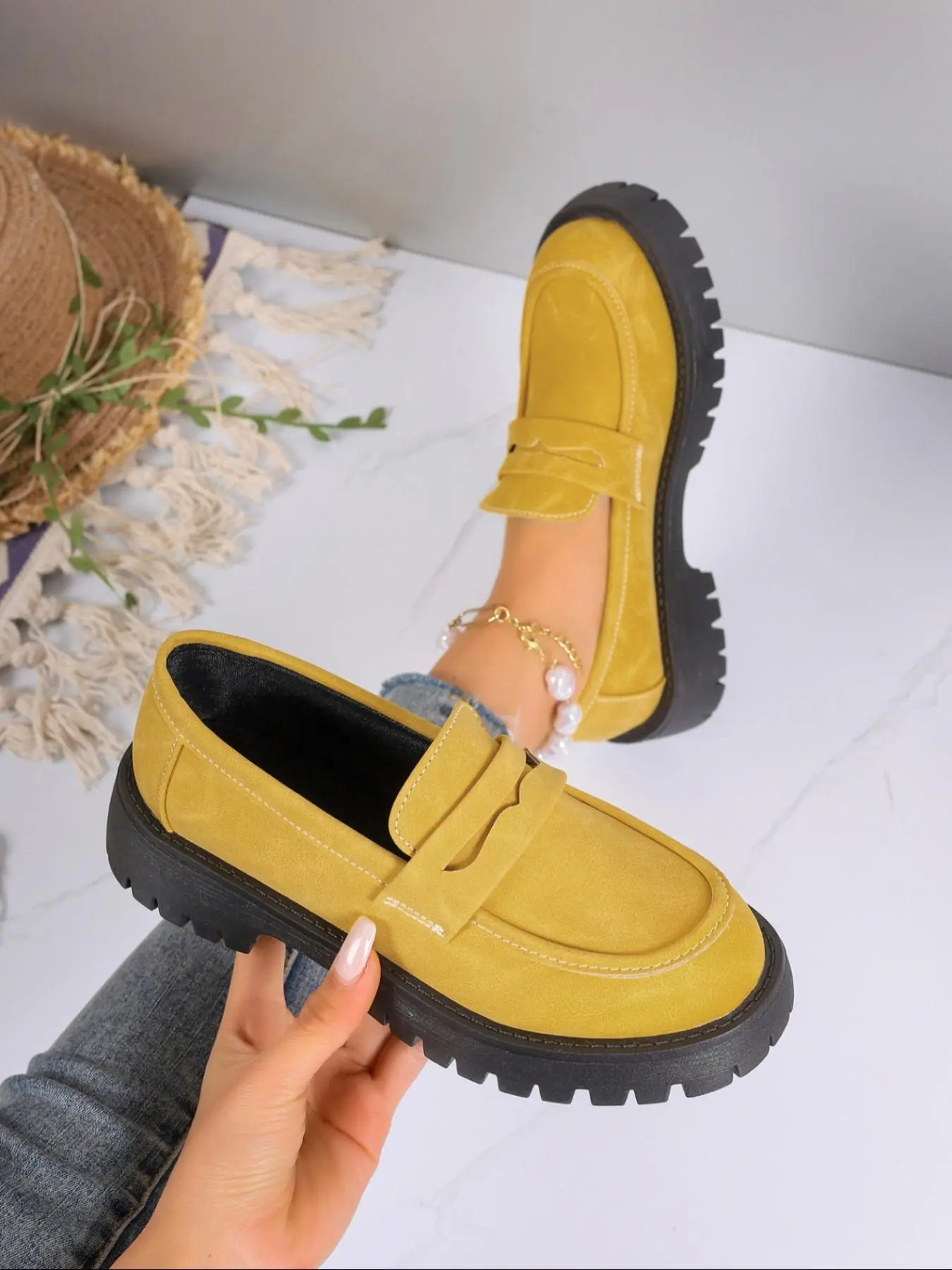 Women's Fashionable Solid Color Slip on Loafers, Casual Comfortable Platform Loafers for Daily Wear, Lightweight Breathable Shoes for Women & Girls, Flats, Flatform, Footwear